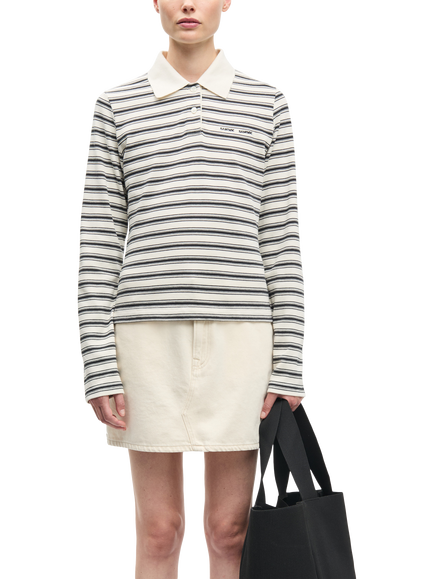 Samsøe Samsøe Sadonell Long Sleeve Polo Shirt, Cream/Black, Cream/Black
