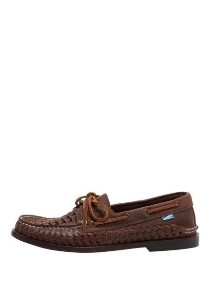 Chatham Cannes Woven Leather Boat Shoes - view 2, Chocolate