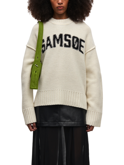Samsøe Samsøe Keiku Wool Blend Crew Neck Logo Jumper, White/Black, White/Black