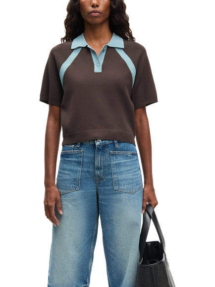 Samsøe Samsøe Sasimona Short Sleeve Polo Shirt containing LENZING™ ECOVERO™ Viscose, Brown/Blue, Brown/Blue