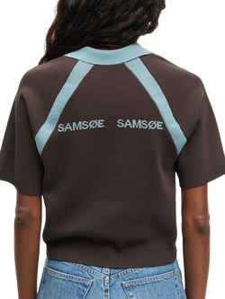 Samsøe Samsøe Sasimona Short Sleeve Polo Shirt containing LENZING™ ECOVERO™ Viscose, Brown/Blue - view 2, Brown/Blue
