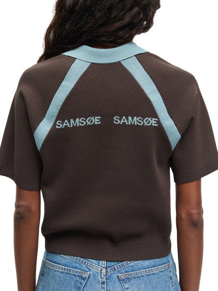 Samsøe Samsøe Sasimona Short Sleeve Polo Shirt containing LENZING™ ECOVERO™ Viscose, Brown/Blue - view 2, Brown/Blue