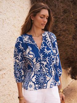 NRBY Izzy Tile Print Pure Silk Top, Blue, Blue