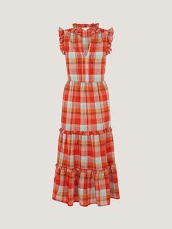Monsoon Cecily Check Tiered Midi Dress, Orange, Orange
