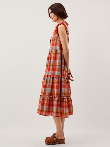 Monsoon Cecily Check Tiered Midi Dress, Orange - view 2, Orange