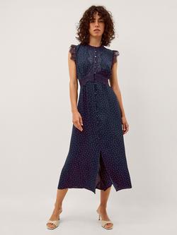 Monsoon Cleo Lace Spot Print Dress, Navy, Navy