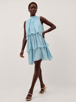 Monsoon Elle Sleeveless Ruffle Tier Mini Dress, Pale Blue, Pale Blue