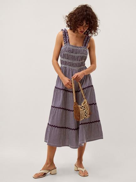 Monsoon Glori Gingham Print Smocked Dress, Navy, Navy