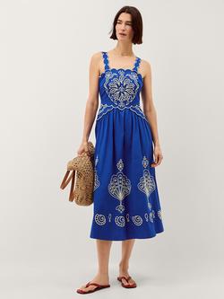 Monsoon Keira Embroidered Midi Dress, Blue, Blue