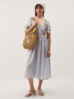 Monsoon Marisol Striped Lemon Embroidered Dress, Blue, Blue