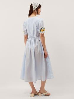 Monsoon Marisol Striped Lemon Embroidered Dress, Blue - view 2, Blue