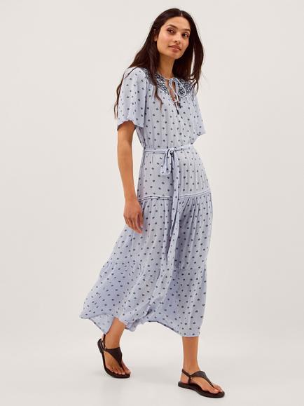 Monsoon Mia Tie Neck Midi Dress containing LENZING™ ECOVERO™ Viscose, Blue
