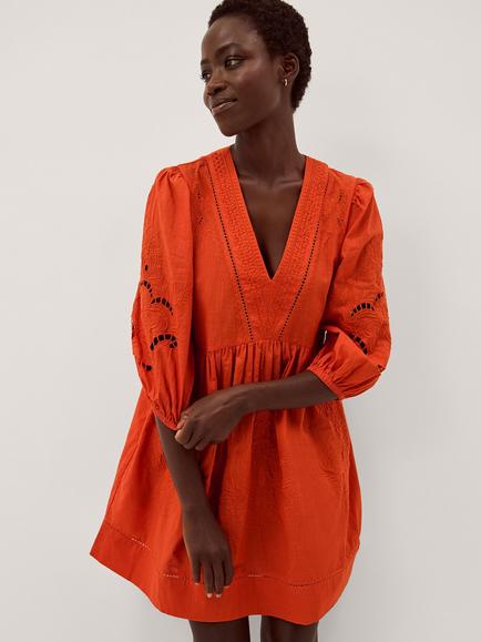 Monsoon Noelle Embroidered Mini Dress, Orange, Orange