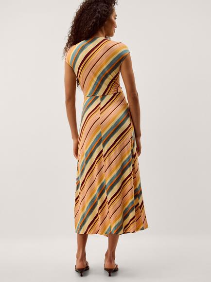 Monsoon Tola Stripe Jersey Midi Dress containing LENZING™ ECOVERO™ Viscose, Pink/Multi - view 2, Pink/Multi