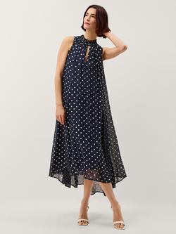 Monsoon Yaz Polka Dot Sleeveless Midi Dress, Navy, Navy
