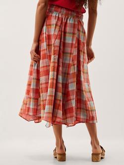 Monsoon Cecily Check Midi Skirt, Orange - view 2, Orange