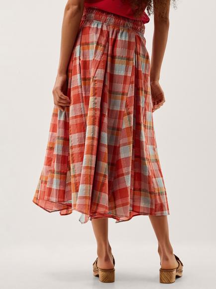 Monsoon Cecily Check Midi Skirt, Orange - view 2, Orange