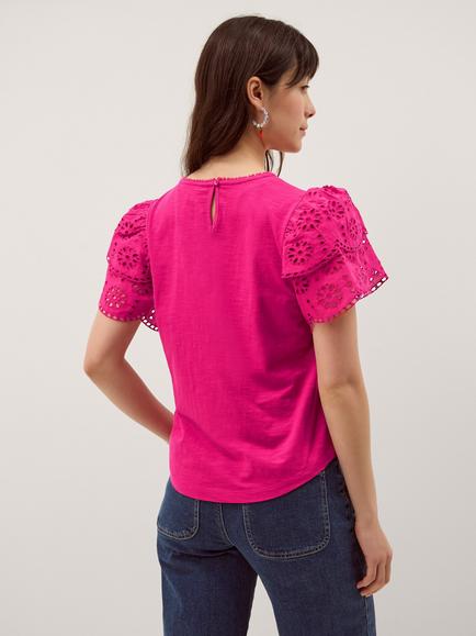 Monsoon Bev Broderie Sleeves Top - view 2, Pink