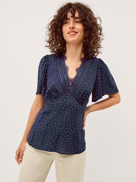 Monsoon Spot Lace Detail Blouse, Navy, Navy