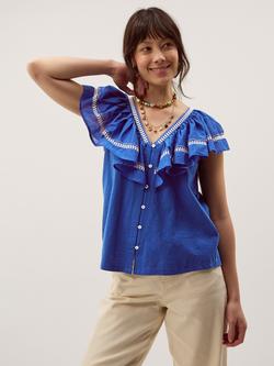 Monsoon Fenn Embroidered Ruffle Jersey Top, Cobalt, Cobalt