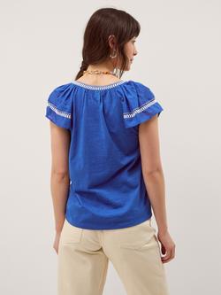 Monsoon Fenn Embroidered Ruffle Jersey Top, Cobalt - view 2, Cobalt