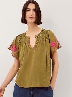 Monsoon Fiona Embroidered Top, Khaki, Khaki