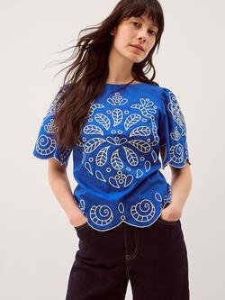 Monsoon Keira Short Sleeve Embroidered Top, Cobalt Blue, Cobalt Blue