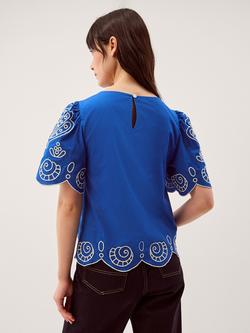 Monsoon Keira Short Sleeve Embroidered Top, Cobalt Blue - view 2, Cobalt Blue