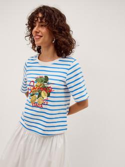 Monsoon Lindy Lemon Stripe Jersey T-Shirt, Blue, Blue