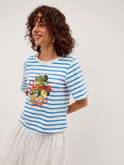 Monsoon Lindy Lemon Stripe Jersey T-Shirt, Blue, Blue