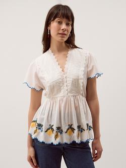Monsoon Luna Lemon Embroidered Top, Ivory, Ivory