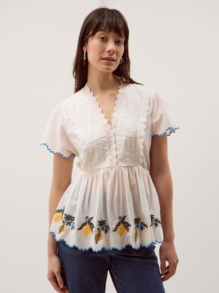 Monsoon Luna Lemon Embroidered Top, Ivory, Ivory