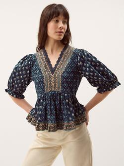 Monsoon Stacee Puff Sleeve Print Jersey Top, Navy, Navy