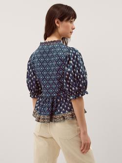 Monsoon Stacee Puff Sleeve Print Jersey Top, Navy - view 2, Navy