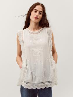 Monsoon Taylor Sleeveless Embroidered Lace Top, White, White