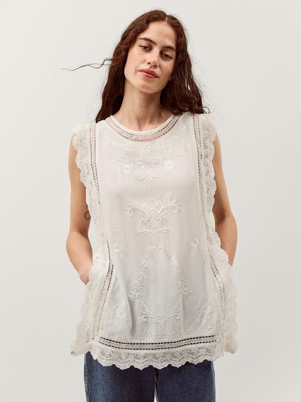 Monsoon Taylor Sleeveless Embroidered Lace Top, White, White