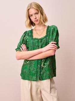 Brora Cotton-Silk Batik Blouse, Leaf Green, Leaf Green