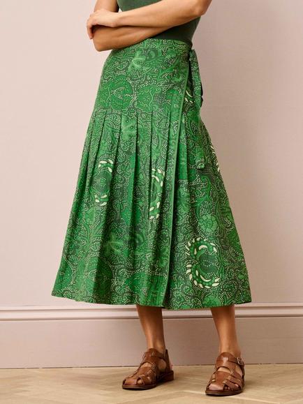 Brora Cotton-Silk Batik Pleated Wrap Skirt, Leaf Green, Leaf Green