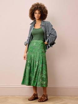 Brora Cotton-Silk Batik Pleated Wrap Skirt, Leaf Green - view 2, Leaf Green
