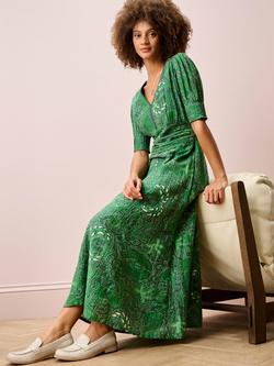 Brora Cotton-Silk Batik V-Neck Dress, Leaf Green, Leaf Green
