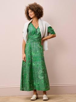 Brora Cotton-Silk Batik V-Neck Dress, Leaf Green - view 2, Leaf Green