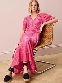 Brora Cotton-Silk Batik V-Neck Dress, Fuchsia, Fuchsia
