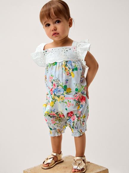 Monsoon Baby Cotton Floral Frill Romper, Blue, Blue