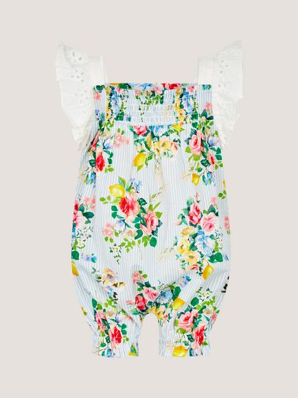 Monsoon Baby Cotton Floral Frill Romper, Blue - view 2, Blue