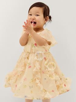 Monsoon Baby Short Sleeve Floral Ruffle Dress, Lemon, Lemon