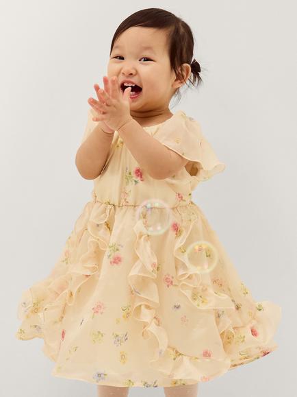 Monsoon Baby Short Sleeve Floral Ruffle Dress, Lemon, Lemon