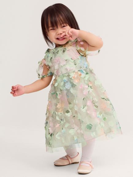 Monsoon Baby Short Sleeve Floral Applique Dress, Multi, Multi