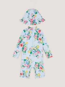 Monsoon Baby Floral Stripe UPF50+ Swimsuit & Sun Hat, Blue, Blue