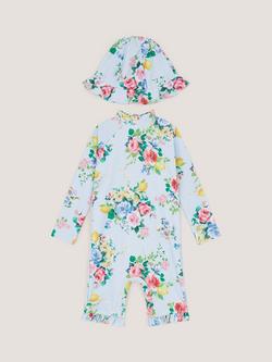 Monsoon Baby Floral Stripe UPF50+ Swimsuit & Sun Hat, Blue - view 2, Blue