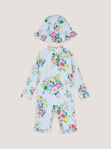 Monsoon Baby Floral Stripe UPF50+ Swimsuit & Sun Hat, Blue - view 2, Blue